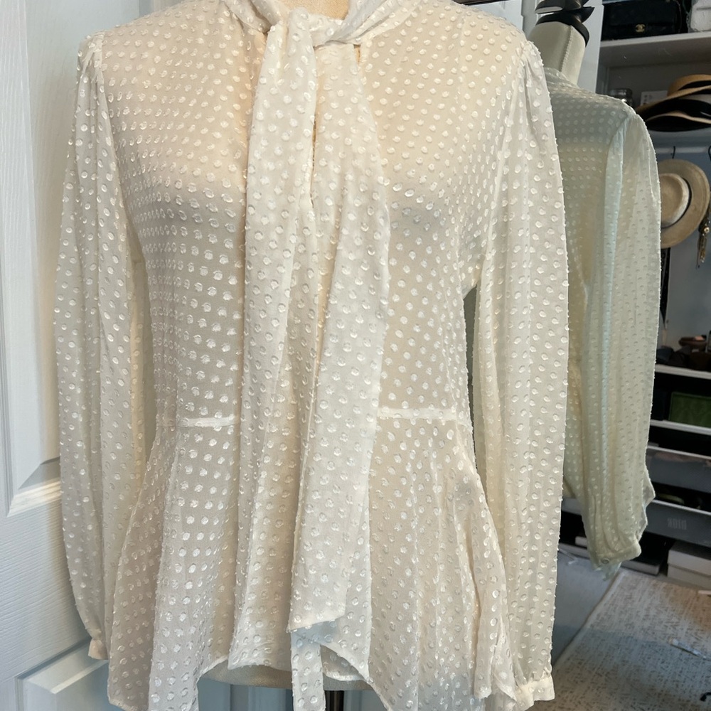 BCBG Cream Long Sleeve Tie Front Peplum Blouse